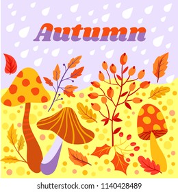 Autumn illustration with natural elements like leaves mushrooms and branches