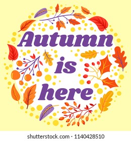 Autumn illustration with natural elements like leaves mushrooms and branches