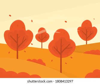 autumn illustration of nature or garden. fall tree with orange or brown leaves. landscape background. flat style. can be used for elements or template posters and banners.