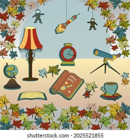 Autumn. Illustration on the theme of the beginning of the school year. Schoolboy, student or writer desk with book, notebook, clock and figurines.