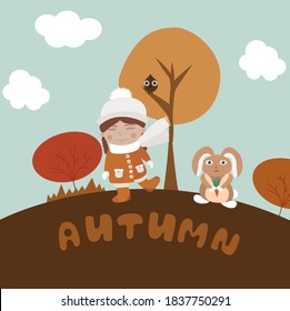 Autumn illustration in orange shades, a girl warmly dressed, against the background of a landscape with trees and bushes, next to a hare and a little owl, blue sky with clouds