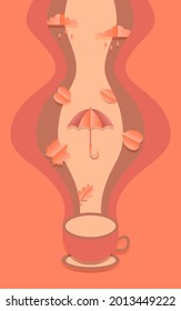Autumn illustration in the papercut style.Red-orange background, coffee mug, clouds, leaves, umbrella.Modern design for banners, covers,posters, websites and advertising materials.