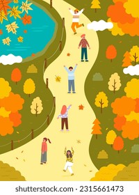 Autumn illustration of people enjoying a walk on a scenic trail surrounded by colorful foliage, lake, trees, and seasonal atmosphere. Translation - Autumn