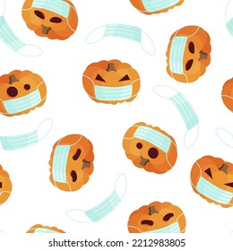 Autumn illustration of a pumpkin with cut out eyes for Halloween in a medical mask. Pattern seamless image isolated vector on a white background.