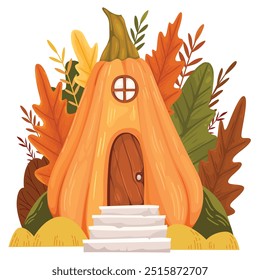 Autumn illustration with a pumpkin house and forest plants, golden leaves. Fairytale house - pumpkin, forest, leaves, bushes