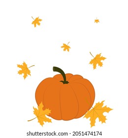 Autumn illustration with pumpkin and leaves isolated on white. Flat Design Style. Vector illustration