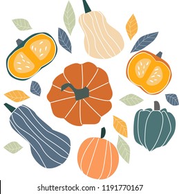 Autumn illustration - pumpkin, leaves. On a white background