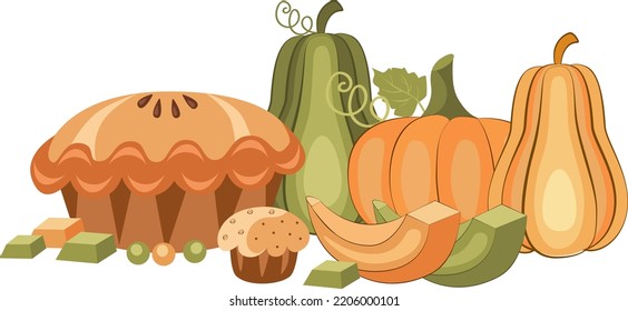 Autumn illustration with pumpkin and pumpkin pie. Vector isolated on white background.