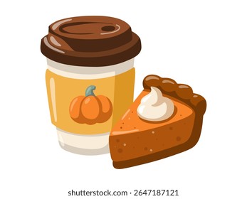 Autumn illustration with pumpkin spice latte and pie slice. Seasonal cozy fall object. Cartoon vector illustration 
