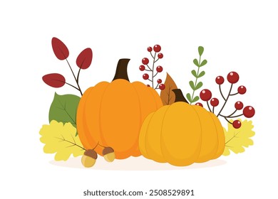 Autumn illustration with pumpkins and colorful leaves. Isolated on white background