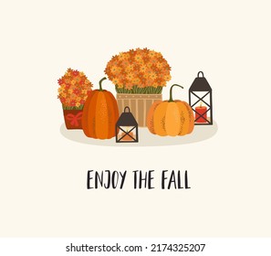 Autumn illustration. Pumpkins and flowers. Vector design for card, poster, flyer, web and other use.