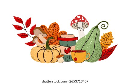 Autumn illustration with pumpkins, leaves, mushrooms and coffee.