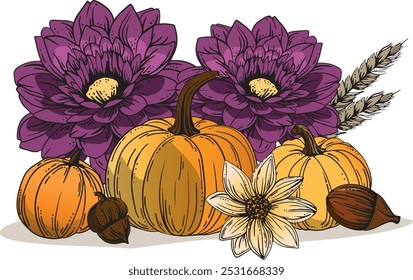 Autumn illustration with pumpkins, lowers and acorns. Thanksgiving postcard.