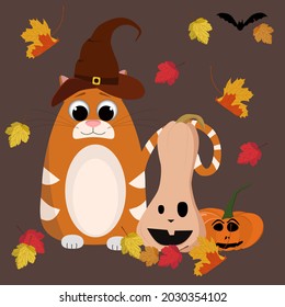Autumn illustration of a red cat, Halloween pumpkins, leaf fall