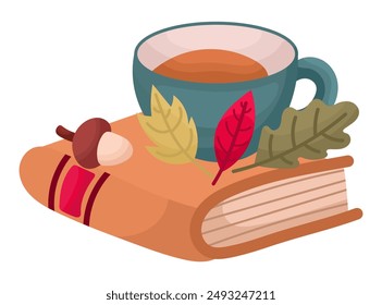 Autumn illustration scene - book with autumn leaves and acorn and a cup of tea or coffee in cartoon style. Modern illustration