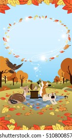 Autumn illustration with season animals long version with blank space for title