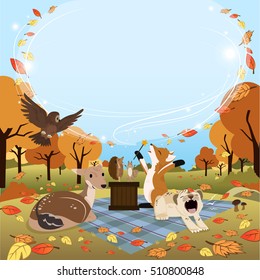 Autumn illustration with season animals square version with blank space for title