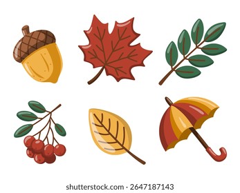 Ilustração de outono conjunto com bolota, guarda-chuva, bagas e folhas de queda coloridas. Design vetorial de desenhos animados sobre fundo branco.