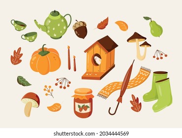 Autumn illustration set with cute season elements