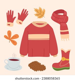 Autumn Illustration Set. Gloves, sweater, boot, leaves, tea cup flat illustration