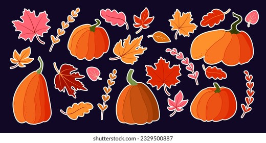 Autumn illustration set with leaves and pumpkins. Set of stickers. Vector illustration