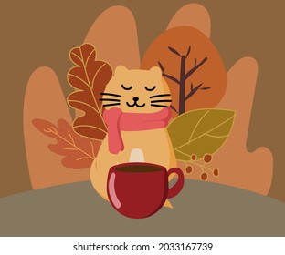 autumn illustration. Smooth background, orange coffee cup with whipped cream, cinnamon stick, leaf wreath. For poster, print, menu design, greeting card.