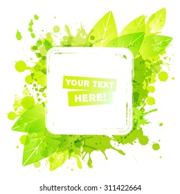 Autumn illustration. Square green vector background with leaves and paint splashes. Frame. 