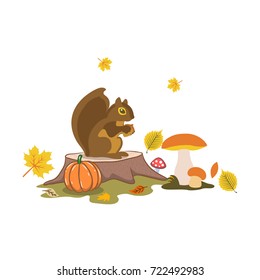 Autumn illustration, Squirrel in the forest sits near the mushrooms, cartoon on a white background.Vector