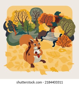 autumn illustration with squirrel and autumn trees, vector design for paper, fabric and other surface