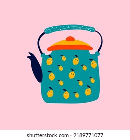 Autumn illustration, sticker kettle, teapot with homely cute things. Vector design for card, poster, flyer, web and other use	