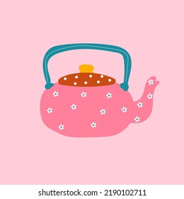 Autumn illustration, sticker kettle, teapot with homely cute things. Vector design for card, poster, flyer, web and other use