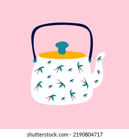 Autumn illustration, sticker kettle, teapot with homely cute things. Vector design for card, poster, flyer, web and other use