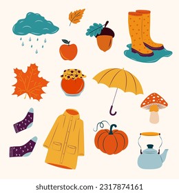 Autumn illustration, stickers with homely cute things. Vector design for card, poster, flyer, web and other use. 