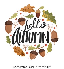 Autumn illustration. Stylish typography slogan design "Hello autumn" sign. Various types of acorns and oak leaves. Circle shape composition. Vector illustration on white background.