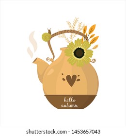 Autumn illustration, tea time. Fall season. Forest. Simple cartoon flat style. Vector illustration