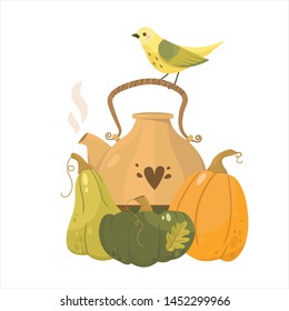 Autumn illustration, tea time, pumpkins. Fall season. Forest. Simple cartoon flat style. Vector illustration