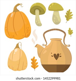 Autumn illustration, tea time, pumpkins. Fall season. Forest. Simple cartoon flat style. Vector illustration