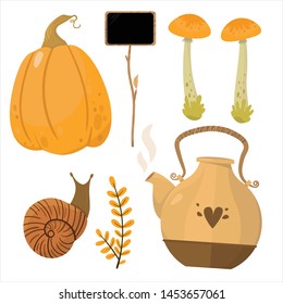 Autumn illustration, tea time, pumpkins. Fall season. Forest. Simple cartoon flat style. Vector illustration