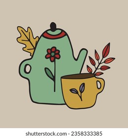 Autumn illustration, teapot, mug and leaves. Vector, hand drawing.