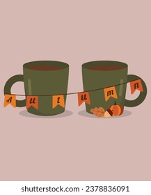Ilustración de otoño con dos tazas de café y calabaza, hoja, maíz