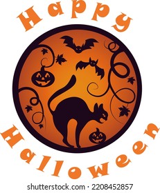 Autumn illustration with typography black cat and bats on gradient background for Halloween decoration