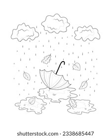 Autumn illustration with umbrella clouds and puddles, coloring.