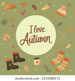 autumn illustration with umbrellas, pumpkins, leaves. I love autumn text on card. Vector illustration