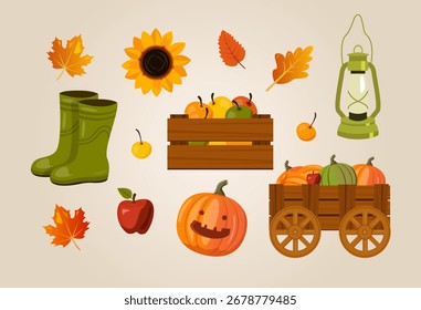 Conjunto de Vector de ilustración de otoño. Elemento de celebración de calabaza