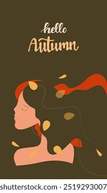 Autumn illustration. Vertical autumn earthy green background with yellow leaves. The image of Autumn as a beautiful smiling woman. Autumn lettering. Eps10.