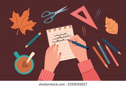 Autumn illustration a woman holds a pen and writes in a notebook. Cozy autumn illustration.