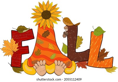 Autumn illustration with the word Fall. Dwarf hid under the sunflower hat