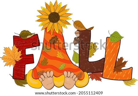 Autumn illustration with the word Fall. Dwarf hid under the sunflower hat
