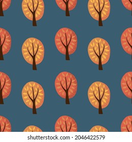 Autumn illustration - yellow, red trees in a park or forest. Seamless vector background, elements on a dark blue background. Simple style, minimalism. For children, children's clothing, fabric