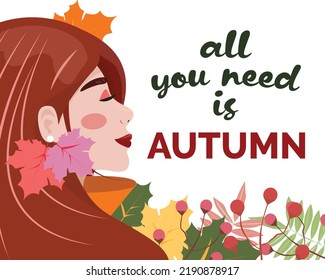 Autumn illustration with a young woman in the fall. All you need is autumn text.